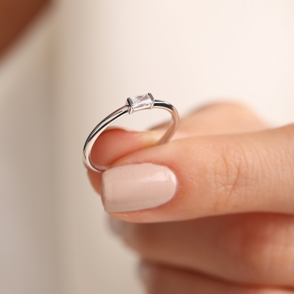 Minimalist Emerald Cut Gem Rectangle Sterling Silver Stacking Ring - Picture 9 of 15